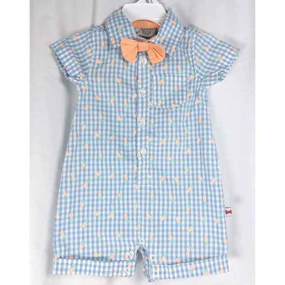 Dapper Dude Romper Baby Boy 12M Blue Plaid Carrots Collar Bow Tie Snap Buttons‎ - Picture 1 of 6